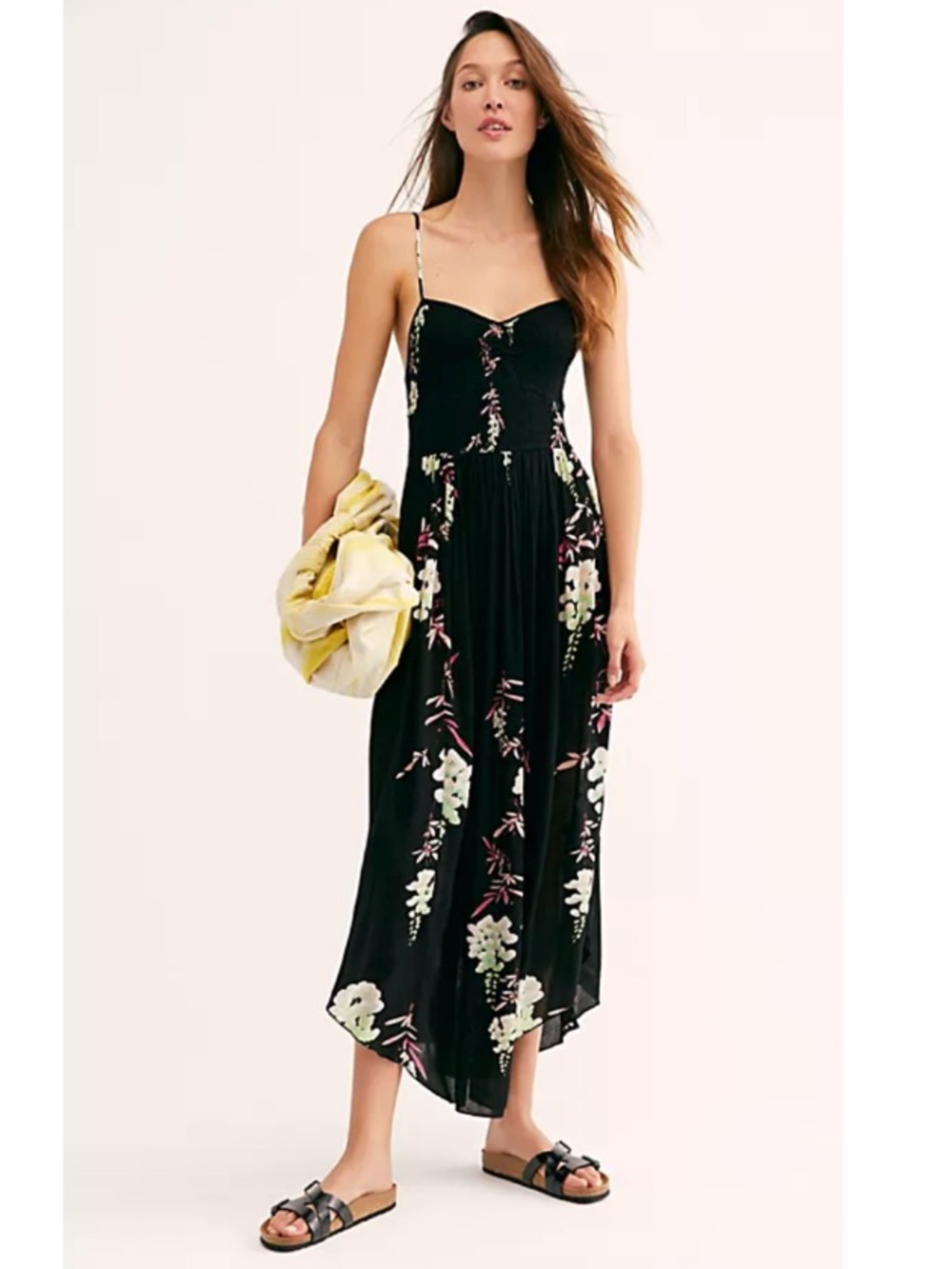 Intimately Free People Beau Floral Smocked Sleeveless Slip Midi Dress Black Smal